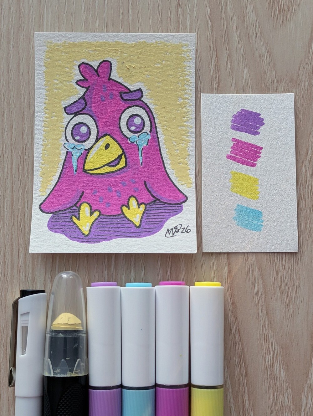 ACEO Original Sad Crying Pink Bird 2.5×3.5  Mixed Media Art Card By Mattoodles